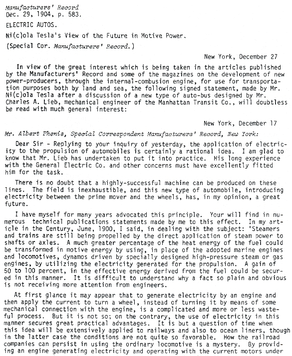 NIKOLA TESLA LETTER ABOUT ELECTRIC CAR
